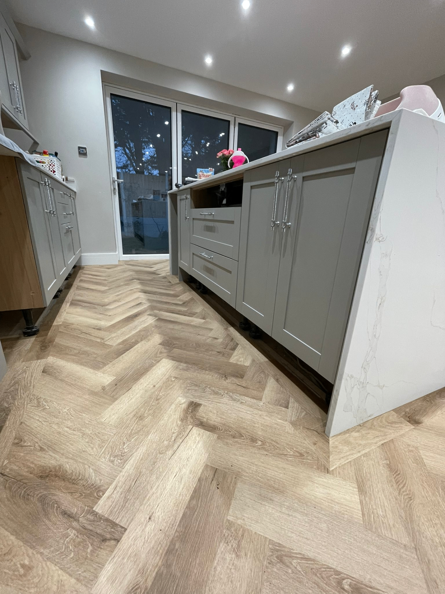 Herringbone kitchen at dusk